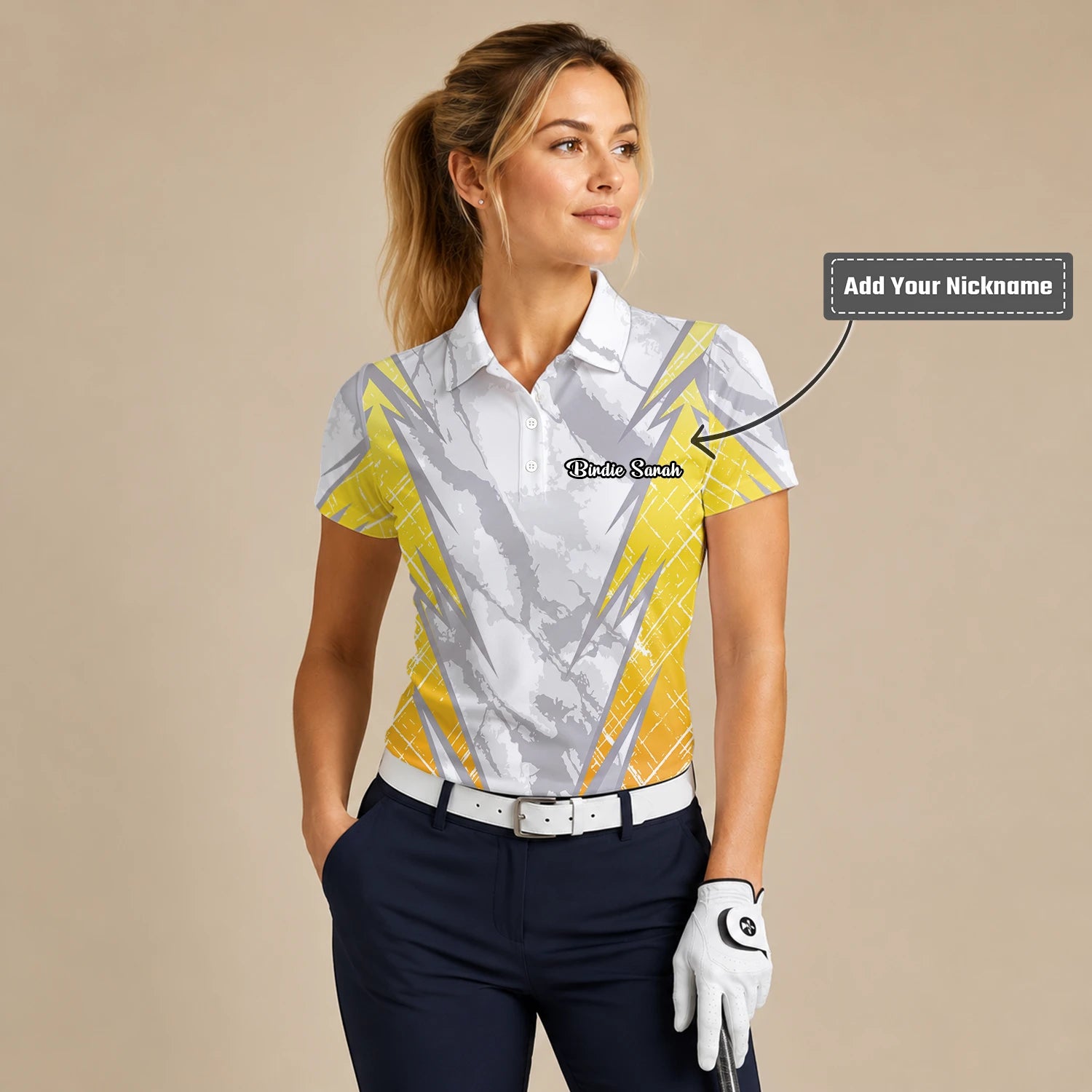 Personalised White Grey Yellow Marble Stripe Golf Polo Shirt For Women T6326