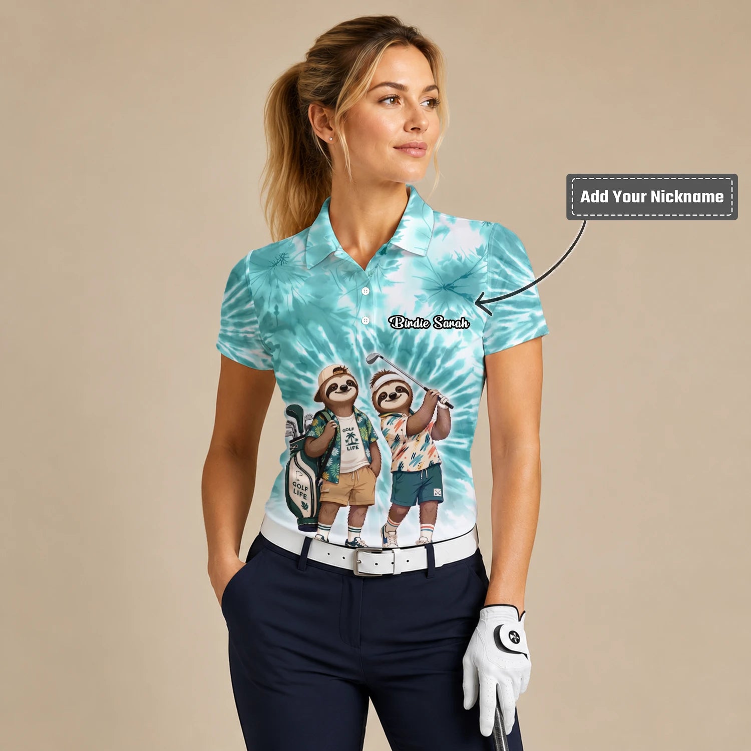 Personalised Turquoise Sloth Golfer Cartoon Golf Polo Shirt For Women C1614