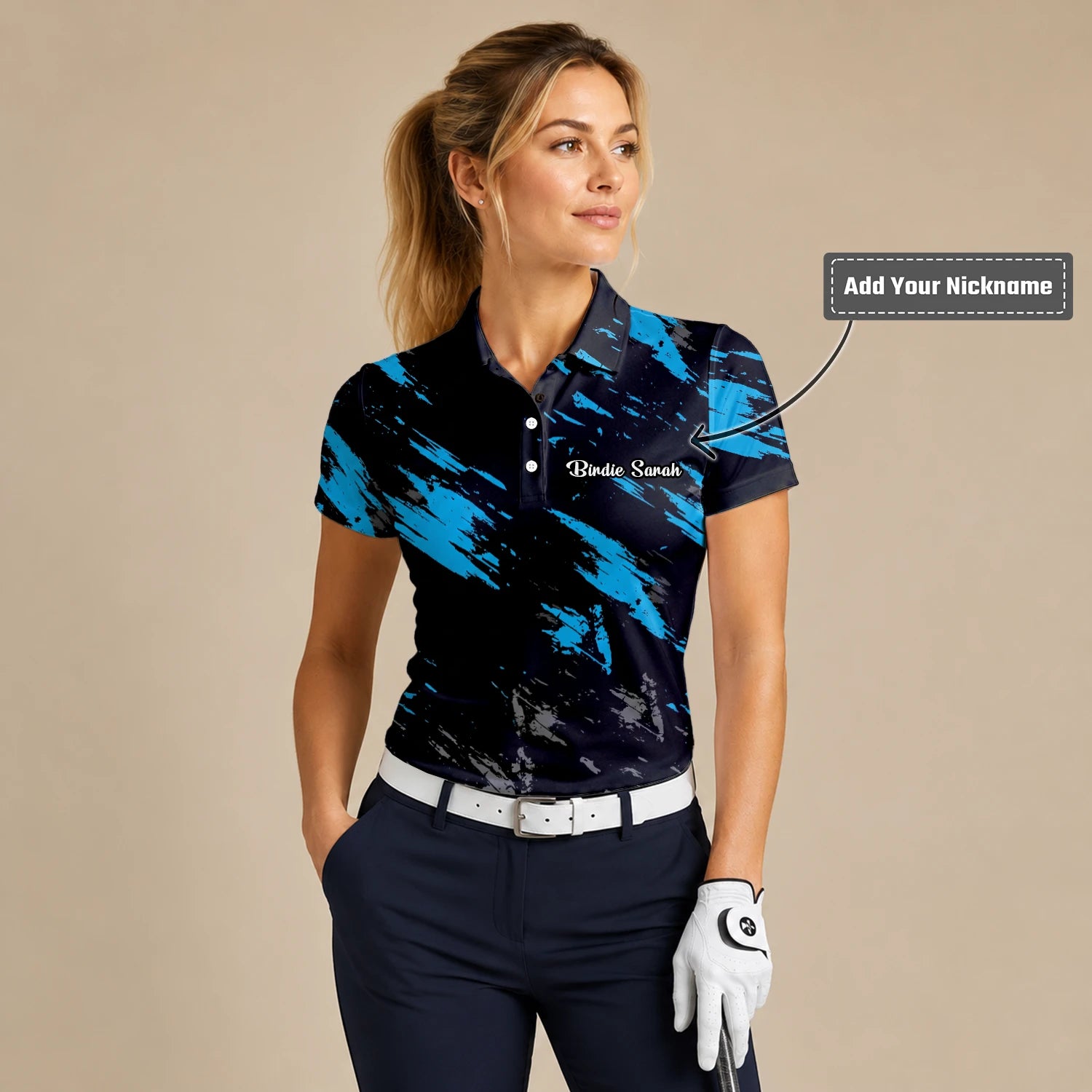 Personalised Black Blue Brush Stroke Golf Polo Shirt For Women H3779