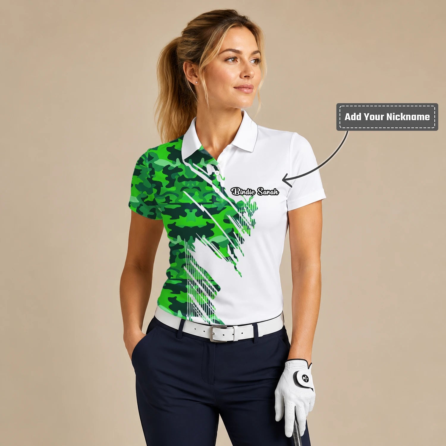 Personalised White Green Camo Brush Stripe Golf Polo Shirt For Women E9788