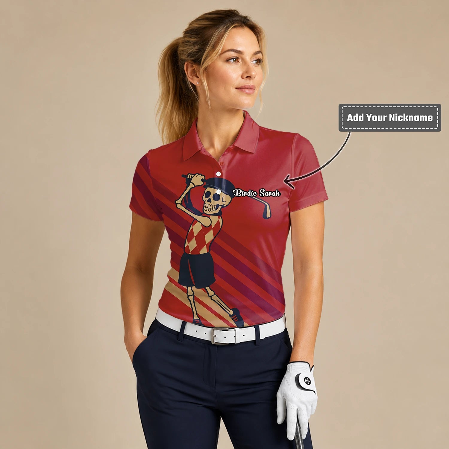 Personalised Red Skeleton Golfer Cartoon Golf Polo Shirt For Women F3648