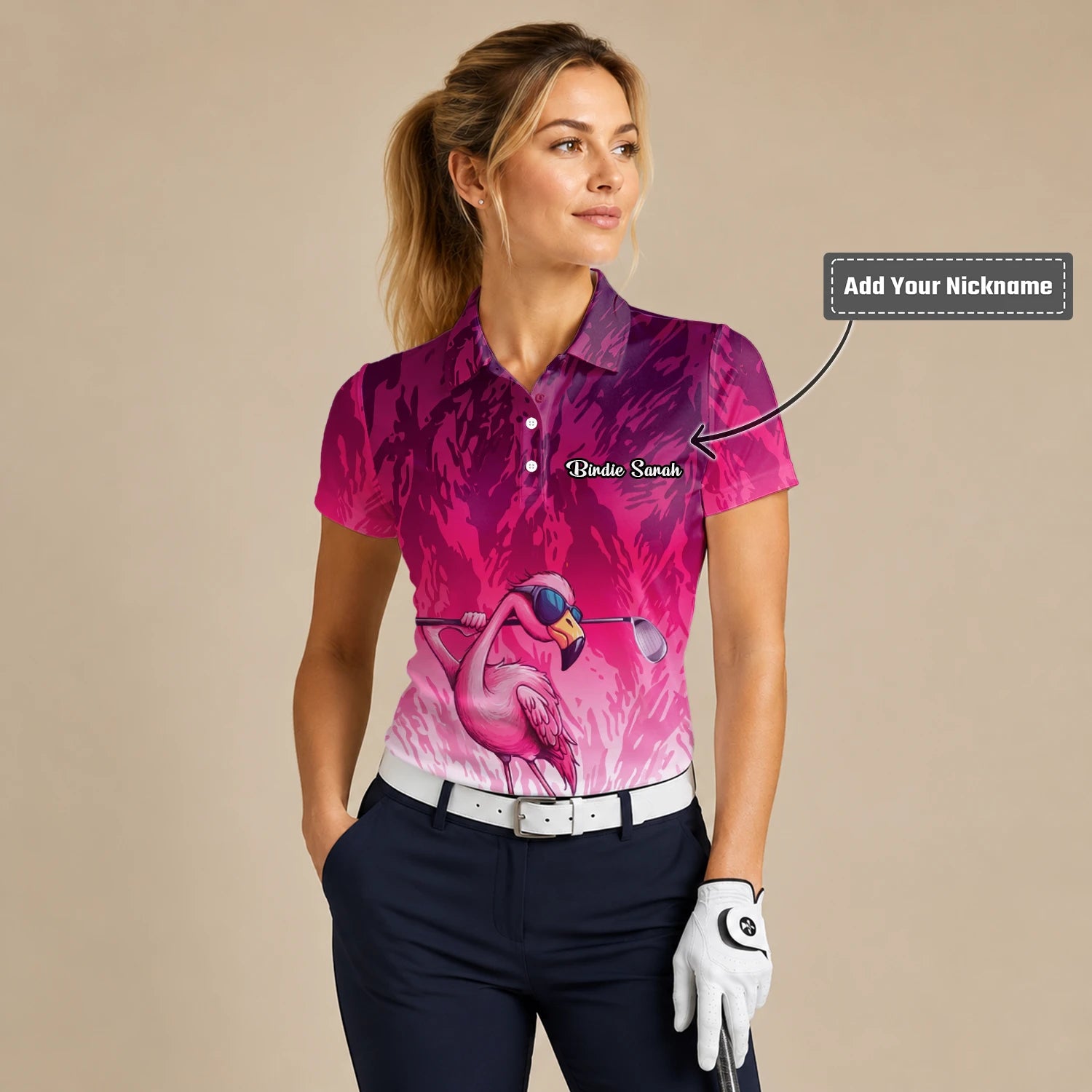 Personalised Pink Flamingo Golfer Paint Splash Golf Polo Shirt For Women R4990