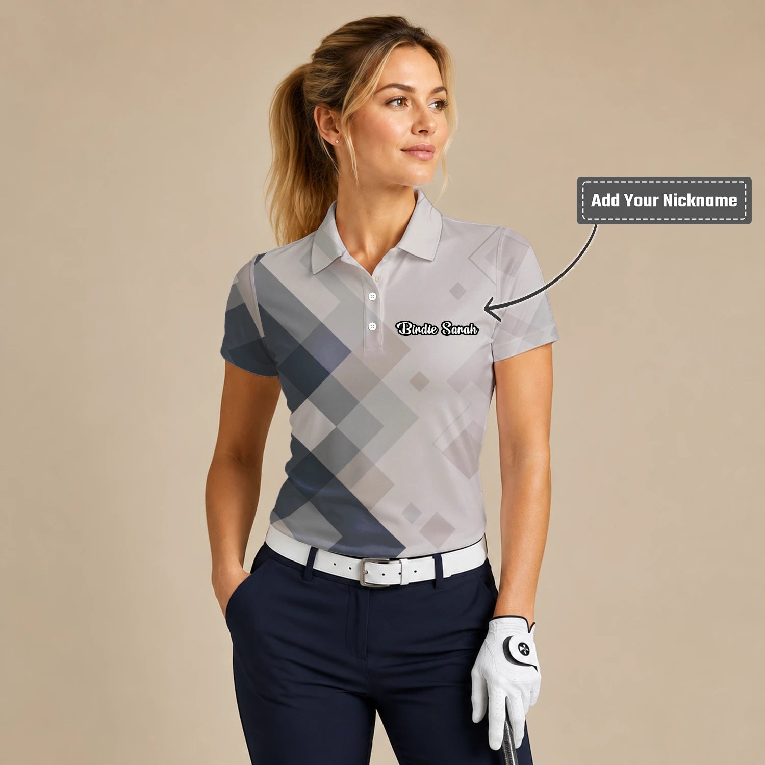 Personalised Beige Grey Argyle Golf Polo Shirt For Women Z6499