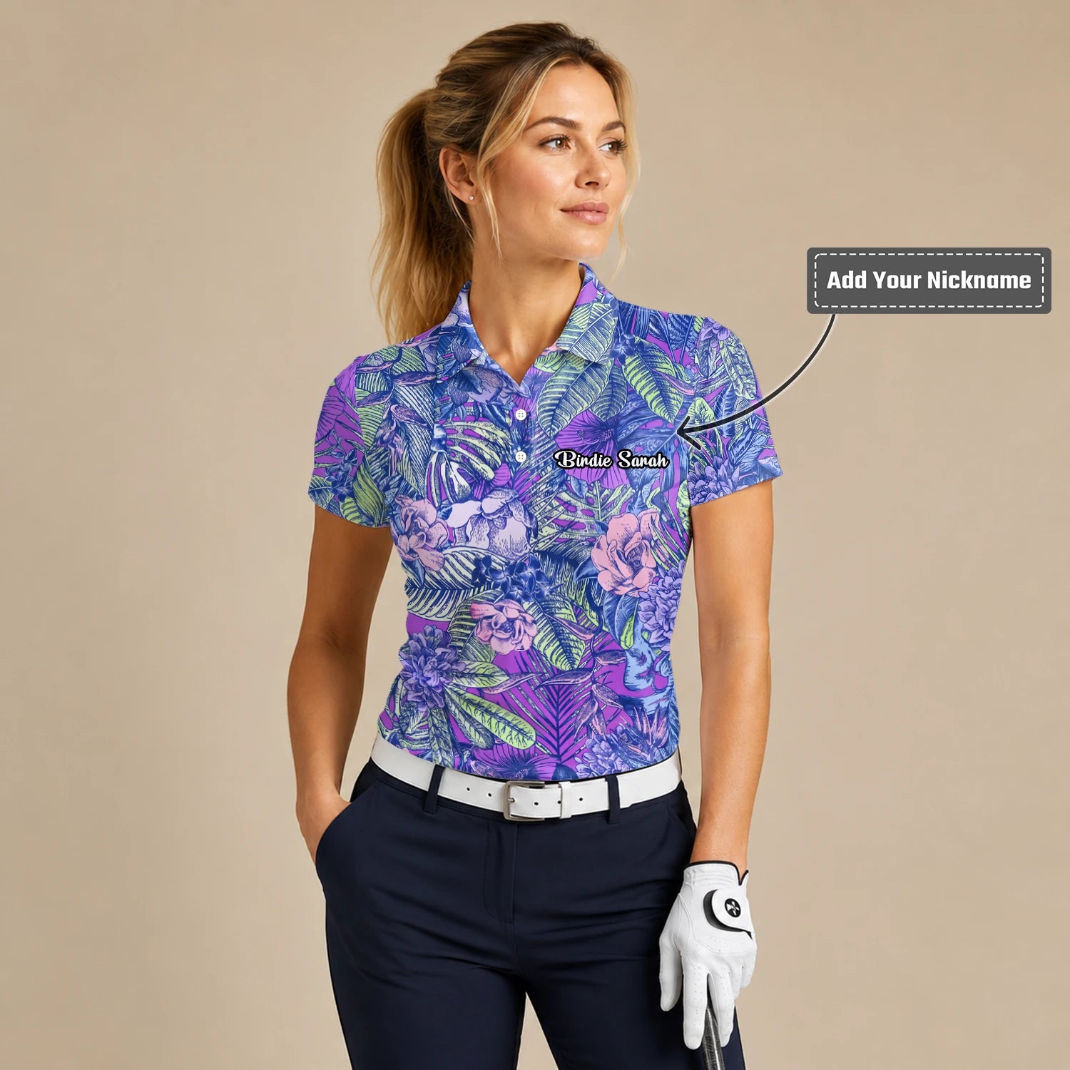 Personalised Purple Blue Tropical Floral Leaf Golf Polo Shirt For Women B8037
