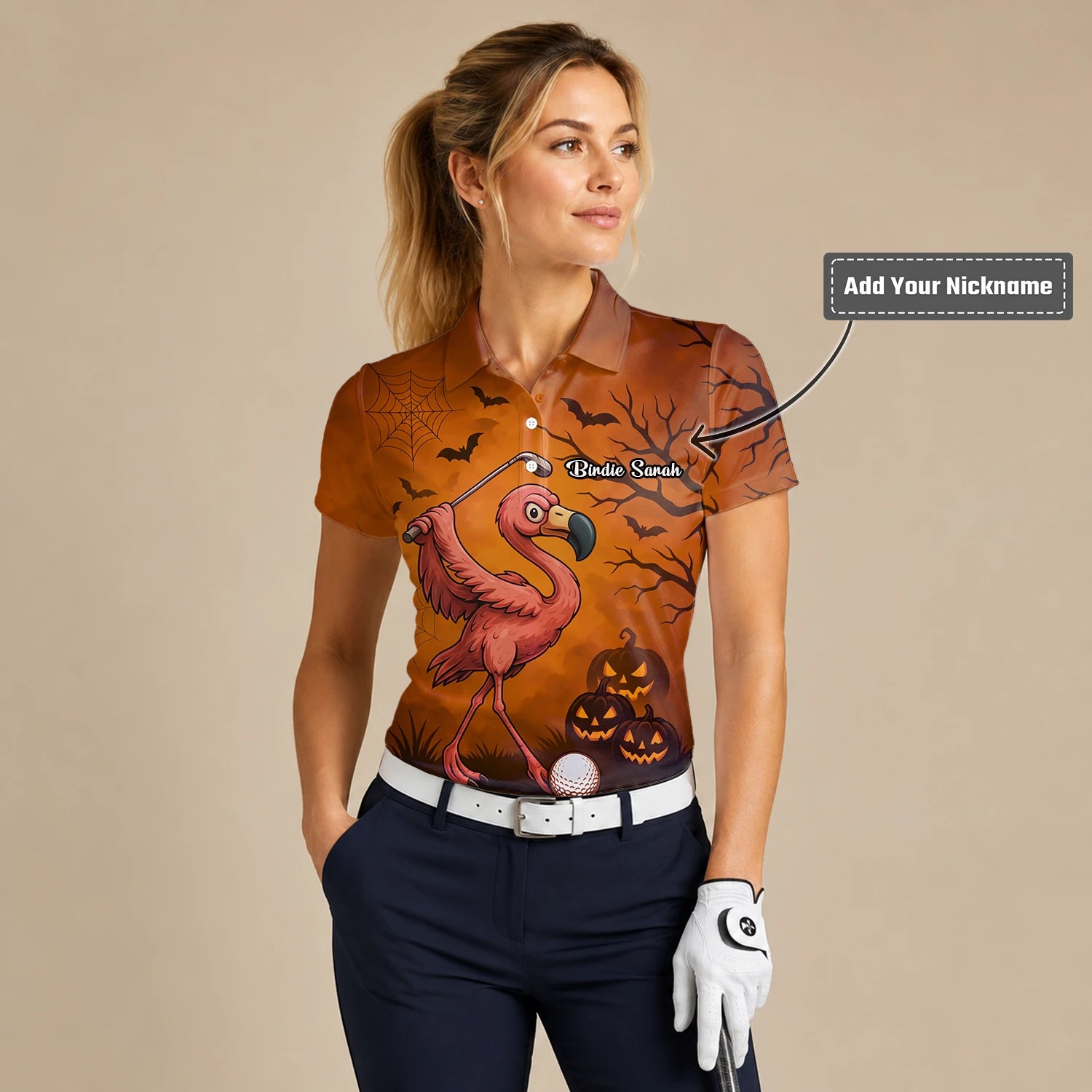 Personalised Orange Halloween Flamingo Golfer Pumpkin Golf Polo Shirt For Women V7072