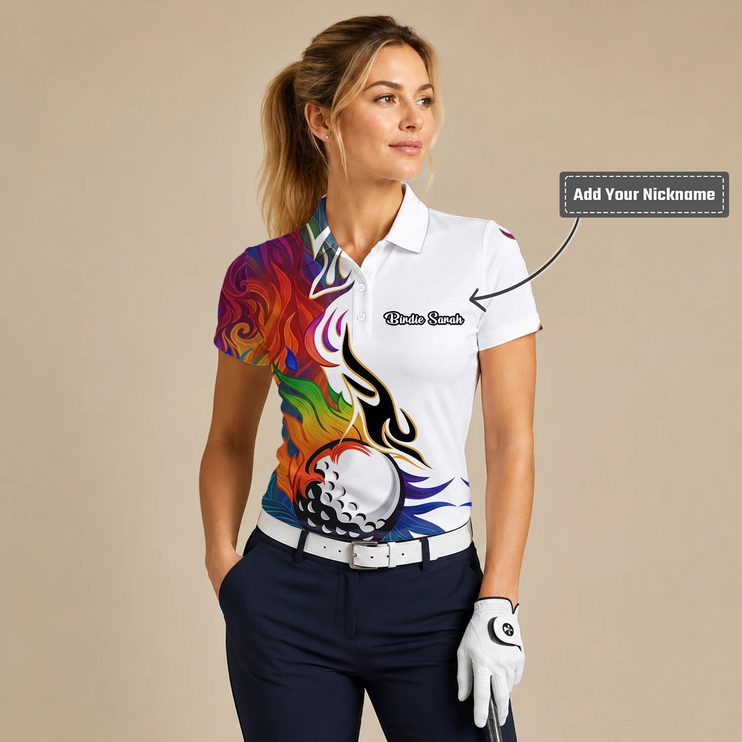 Personalised White Rainbow Flame Golf Ball Golf Polo Shirt For Women P6012