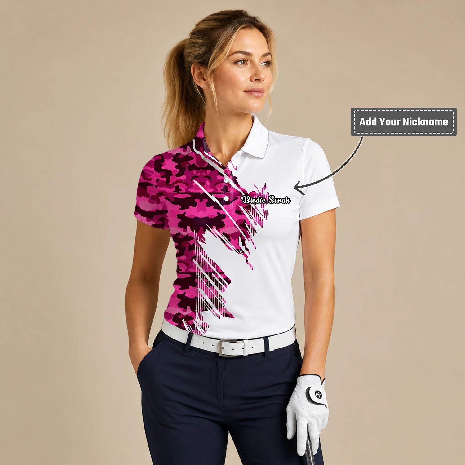 Personalised White Pink Camo Brush Stroke Golf Polo Shirt For Women S6501