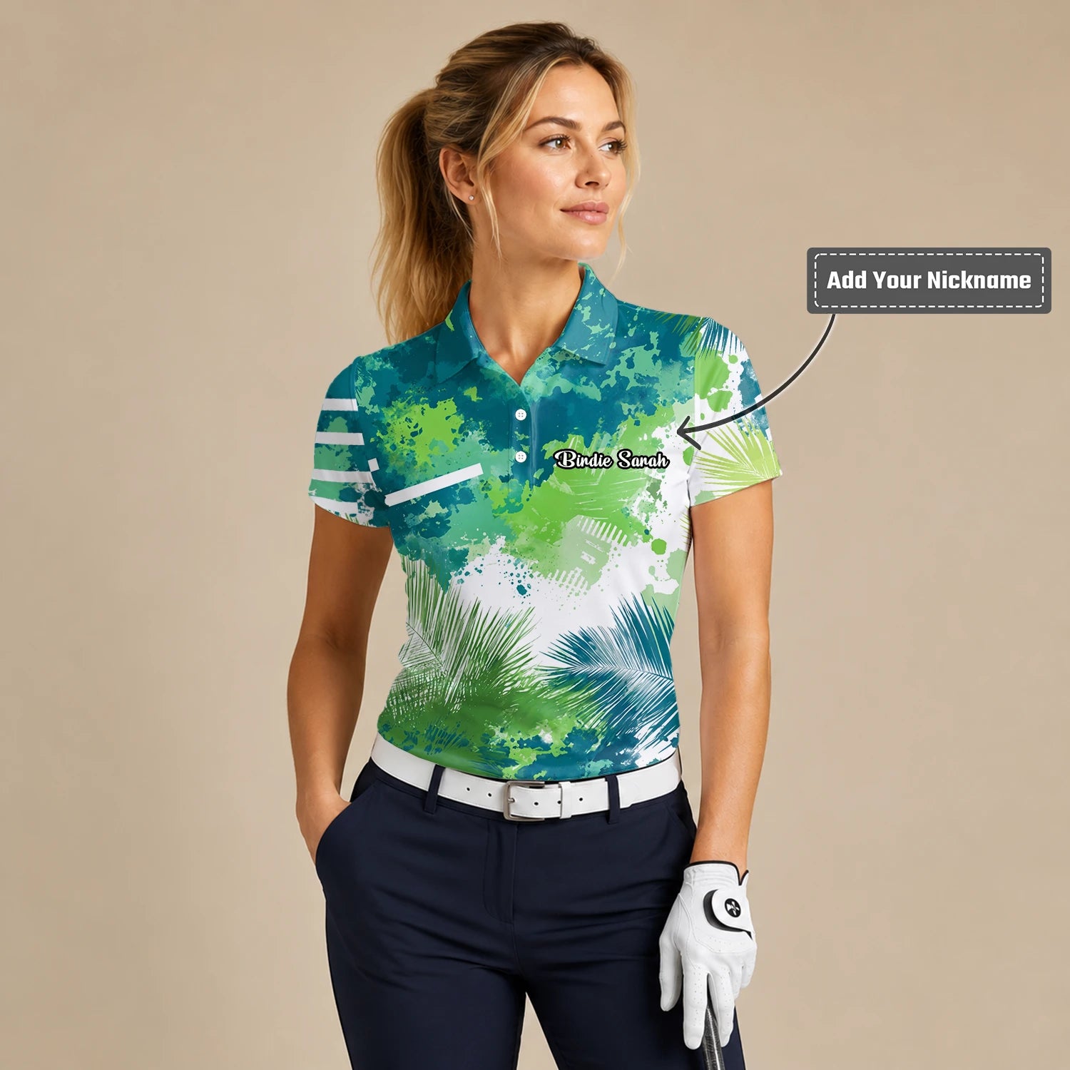 Personalised Green Blue Tropical Leaf Paint Splash Golf Polo Shirt For Women B7869
