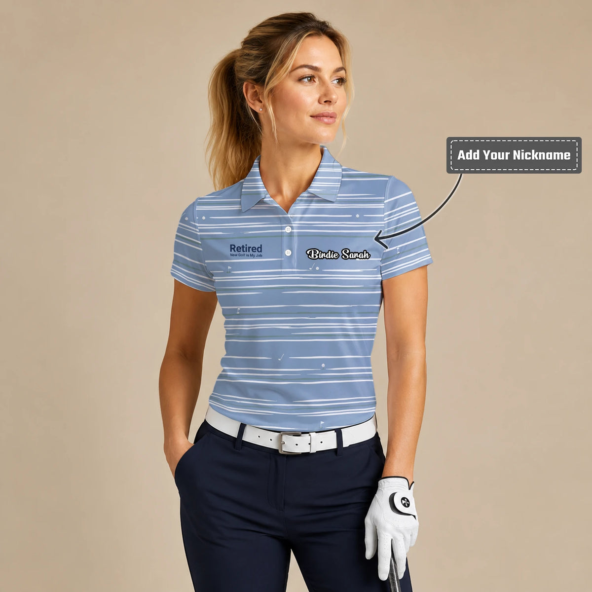 Personalised Powder Blue White Abstract Stripe Golf Polo Shirt For Women F9706