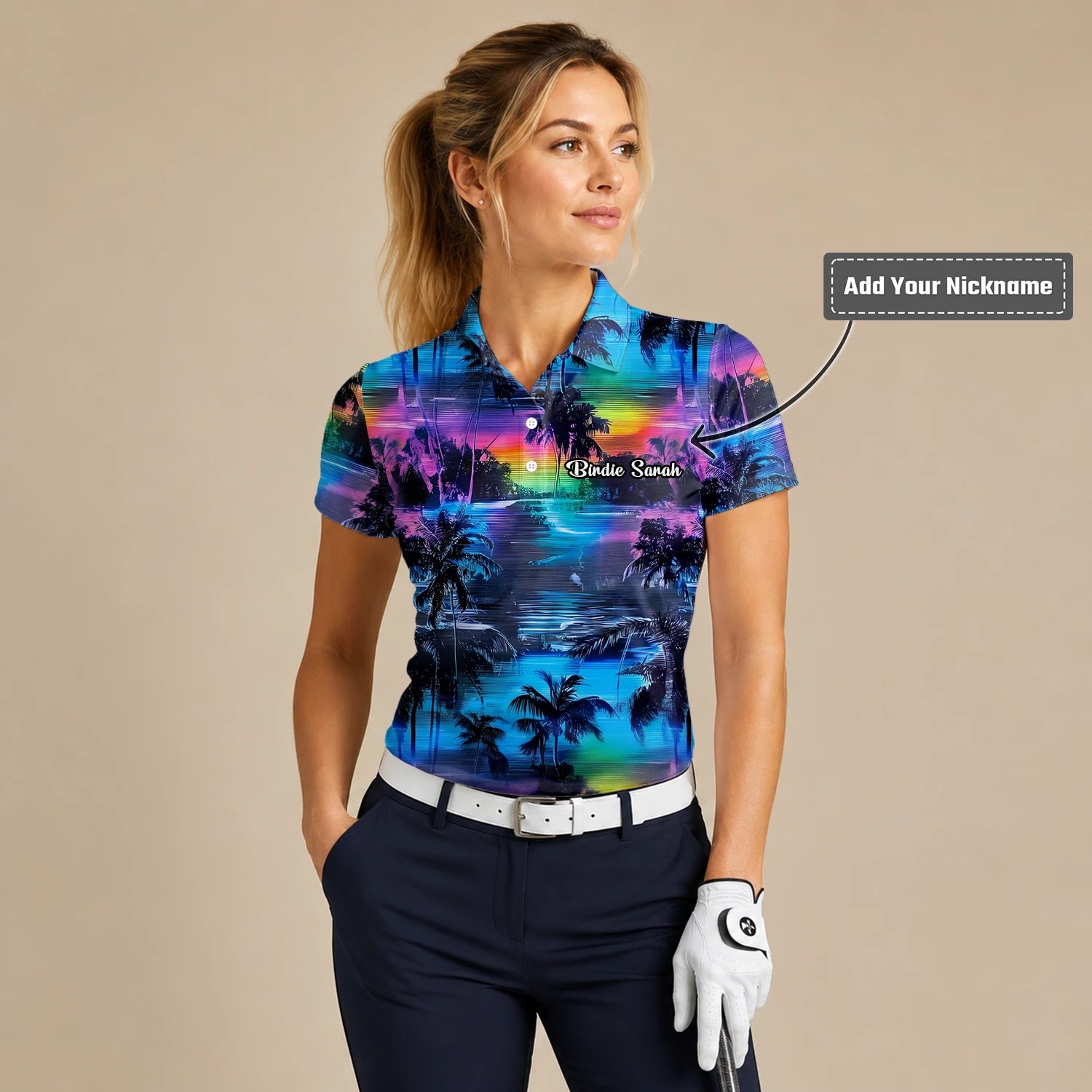 Personalised Blue Purple Palm Sunset Golf Polo Shirt For Women K8435