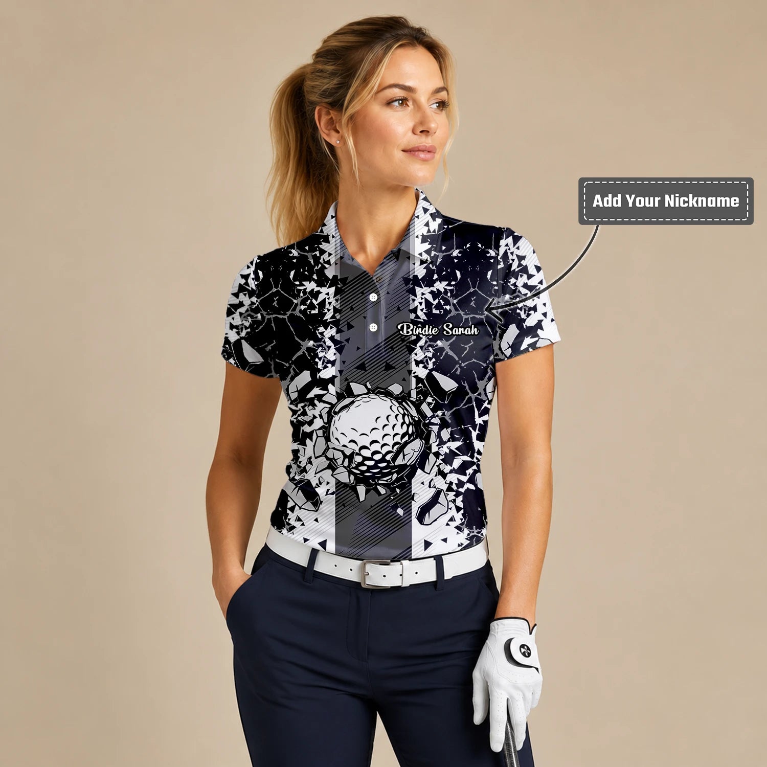 Personalised Black White Golf Ball Shattered Glass Golf Polo Shirt For Women F6407