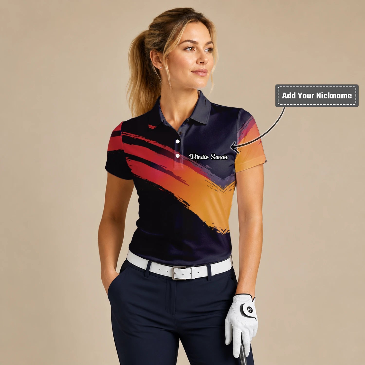 Personalised Black Red Orange Brush Stroke Golf Polo Shirt For Women M6093