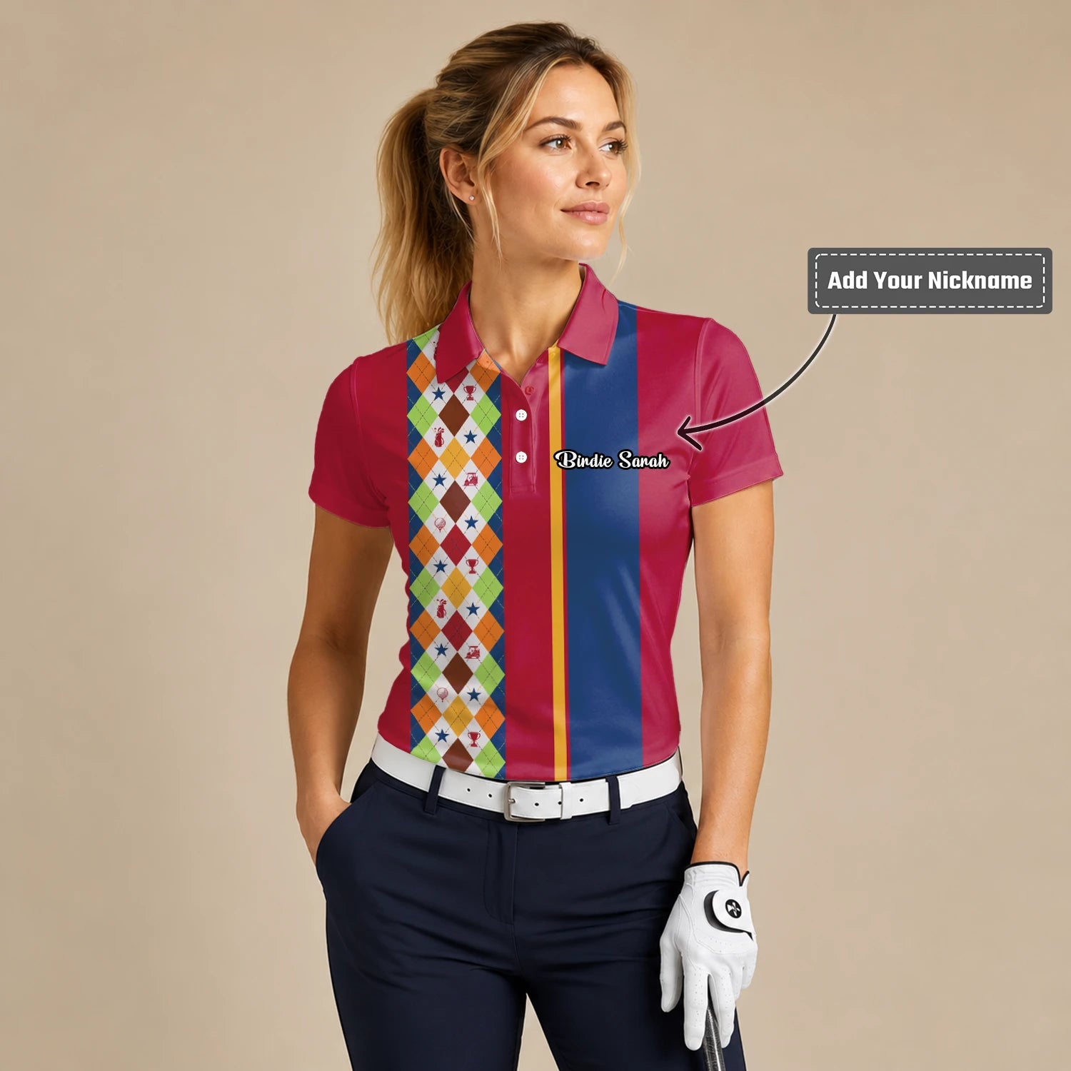 Personalised Red Blue Colourful Argyle Golf Polo Shirt For Women V1769