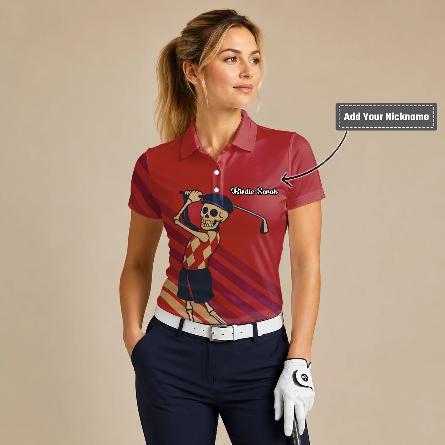 Personalised Red Skeleton Golfer Cartoon Golf Polo Shirt For Women F3648