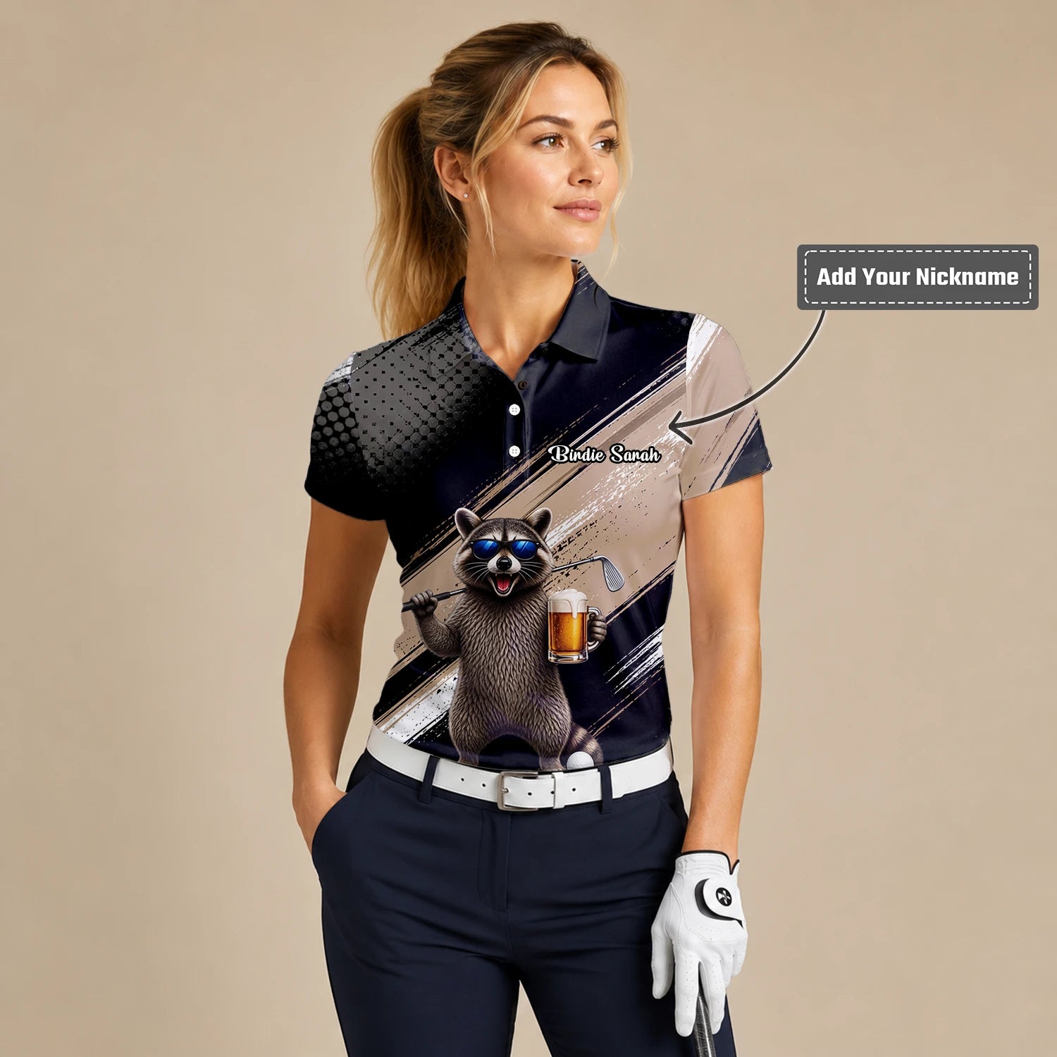 Personalised Black Beige Raccoon Beer Golfer Cartoon Golf Polo Shirt For Women K7921