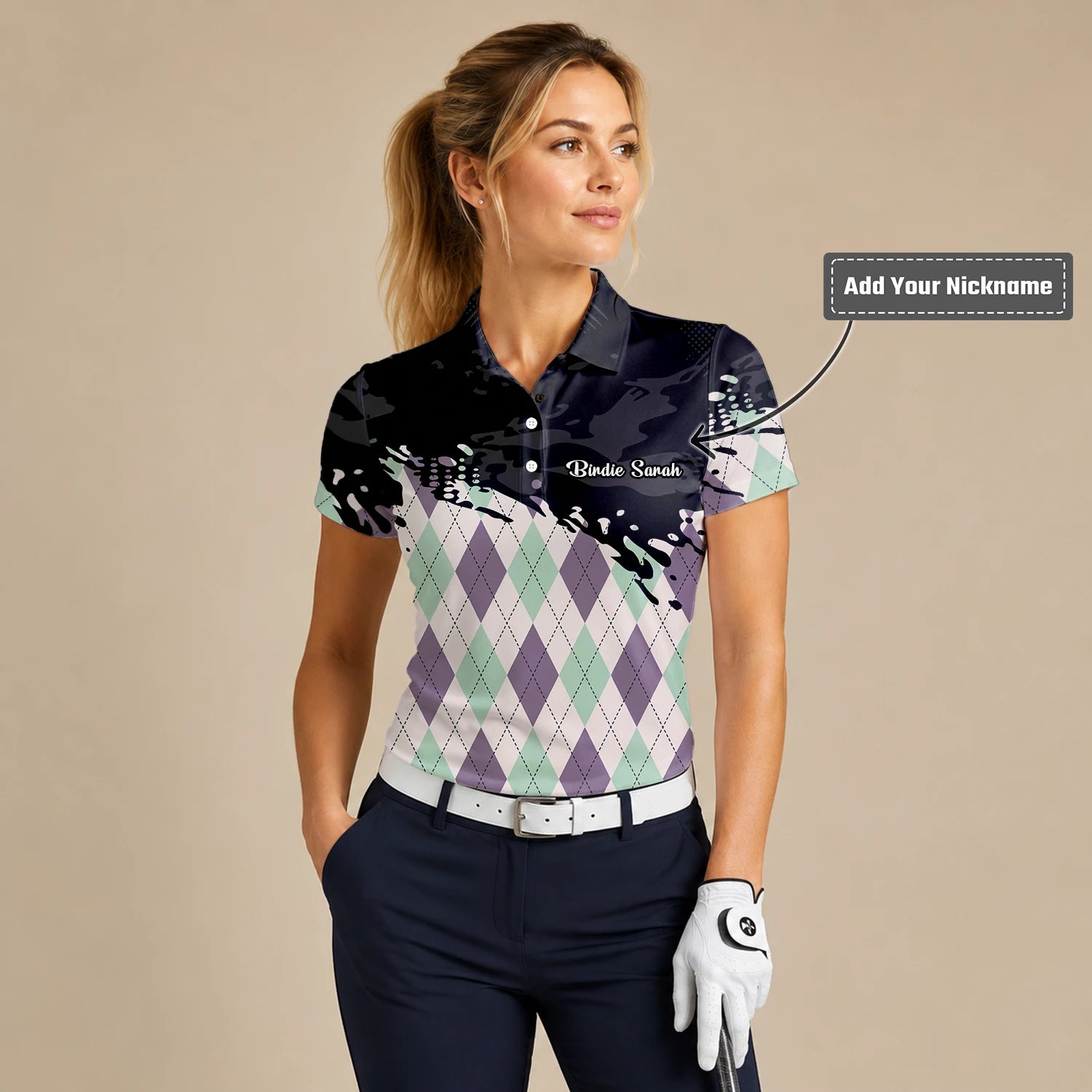 Personalised Black Mint Purple Argyle Paint Splash Golf Polo Shirt For Women C5124