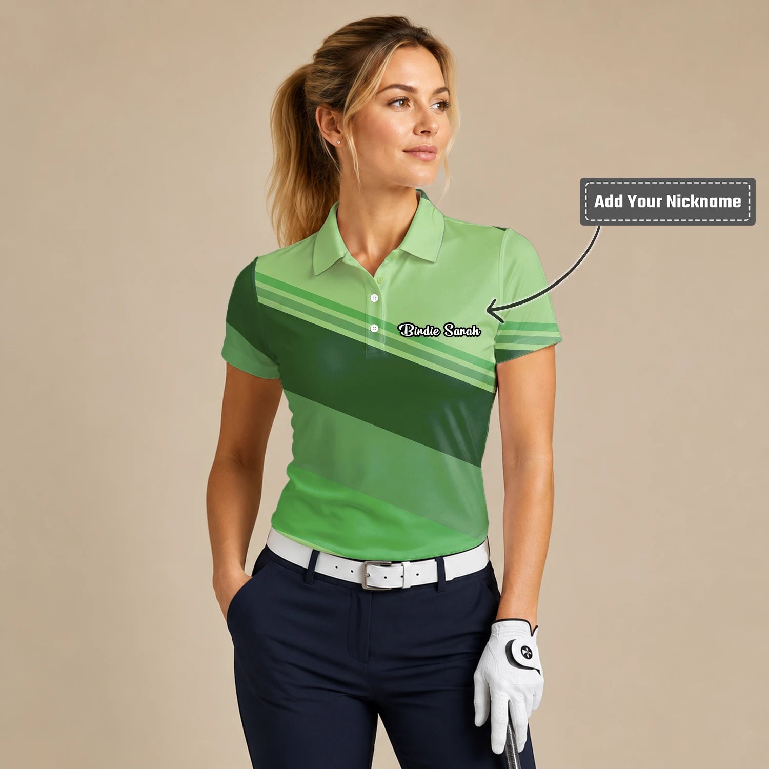 Personalised Light Green Geometric Stripe Golf Polo Shirt For Women S1599