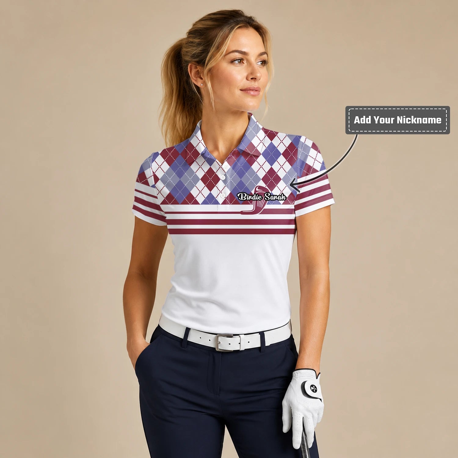 Personalised White Burgundy Argyle Golf Club Stripe Golf Polo Shirt For Women K9019