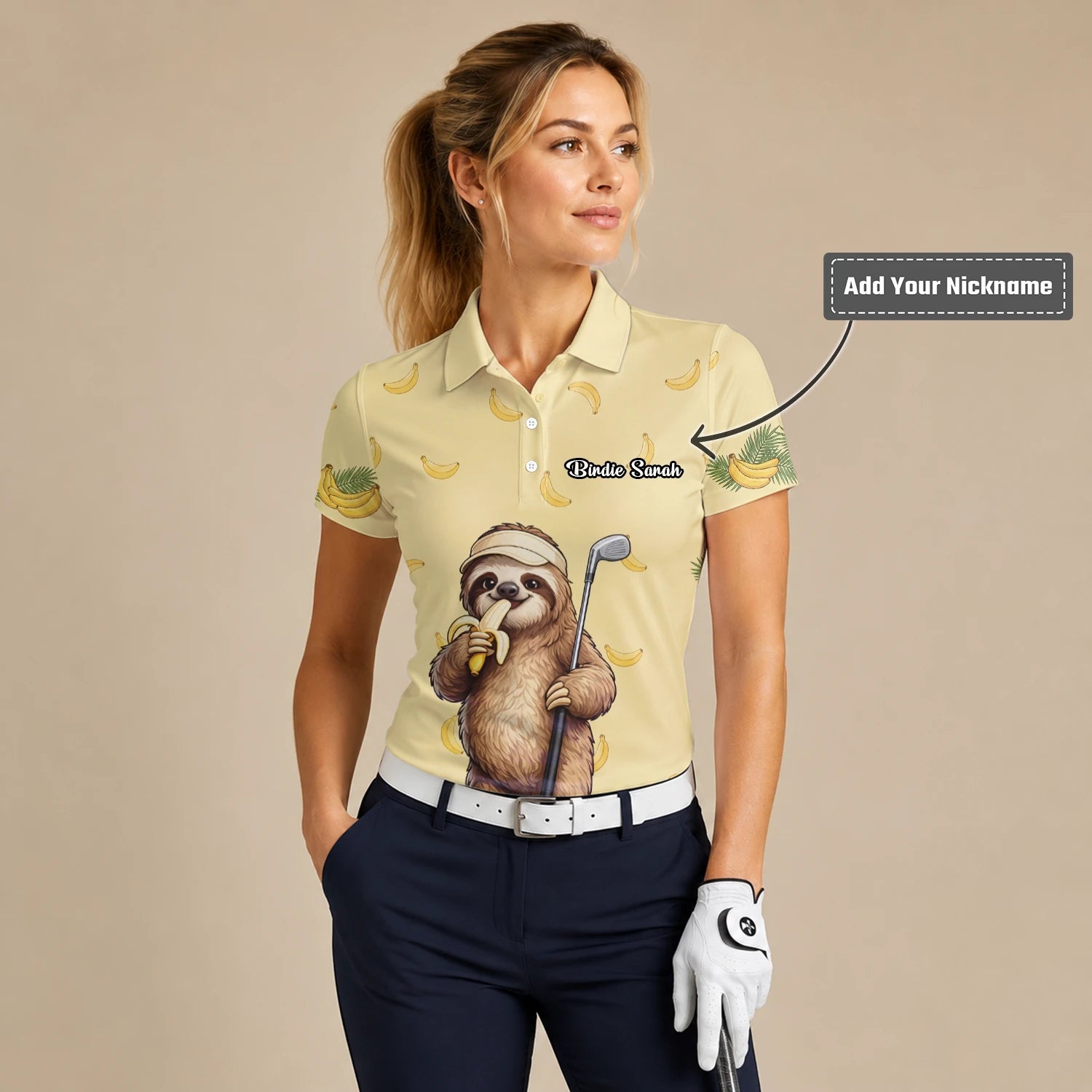 Personalised Pale Yellow Sloth Banana Golfer Cartoon Golf Polo Shirt For Women G3327