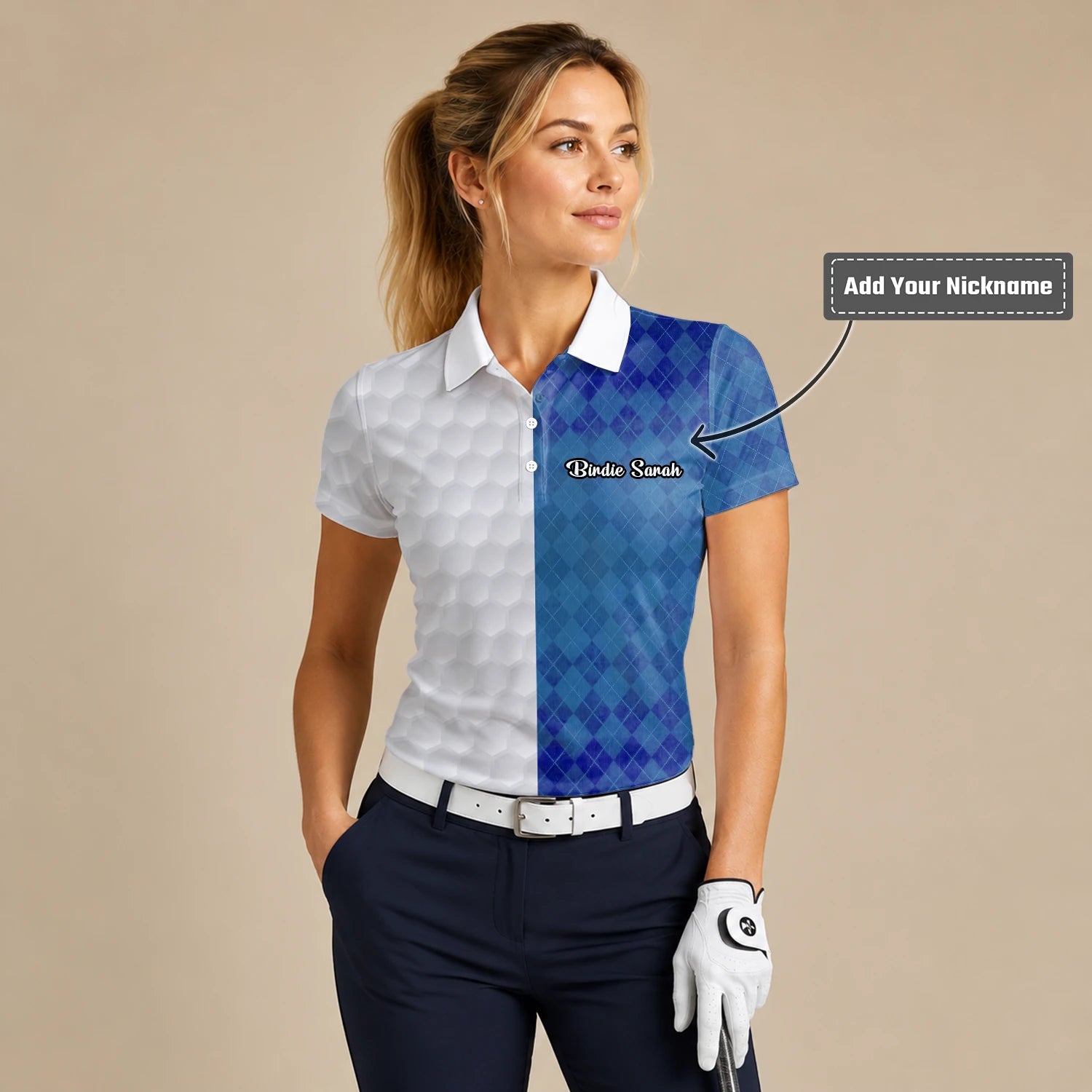 Personalised White Blue Argyle Golf Ball Texture Golf Polo Shirt For Women M9214