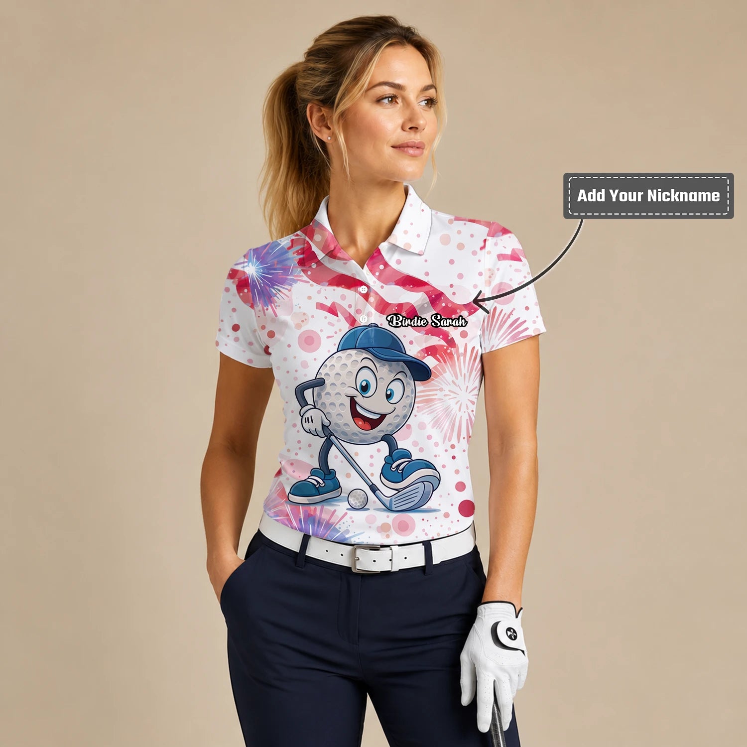 Personalised White Pink Golf Ball Cartoon Firework Golf Polo Shirt For Women C2083