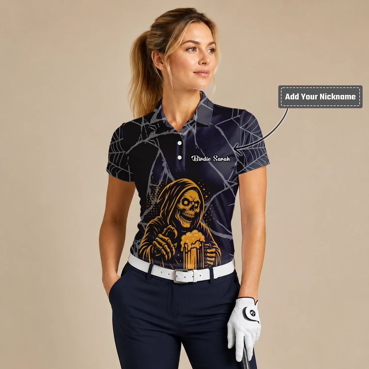 Personalised Black Gold Grim Reaper Beer Golf Polo Shirt For Women J8667