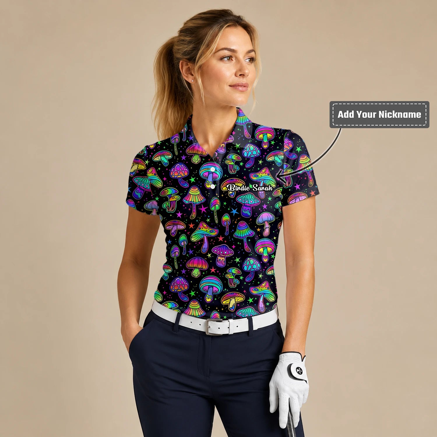 Personalised Black Neon Mushroom Psychedelic Golf Polo Shirt For Women L0182