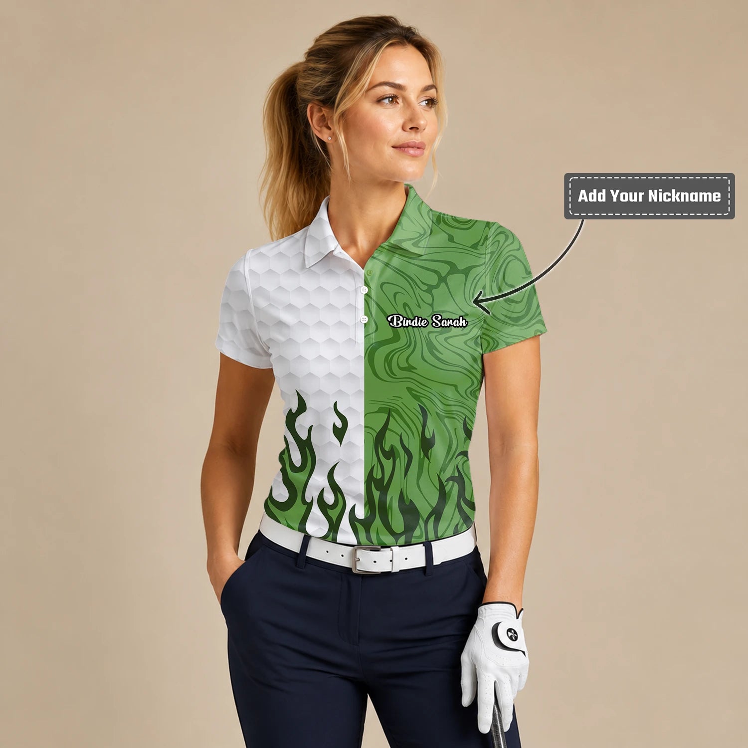 Personalised White Green Flame Marble Golf Polo Shirt For Women D2353