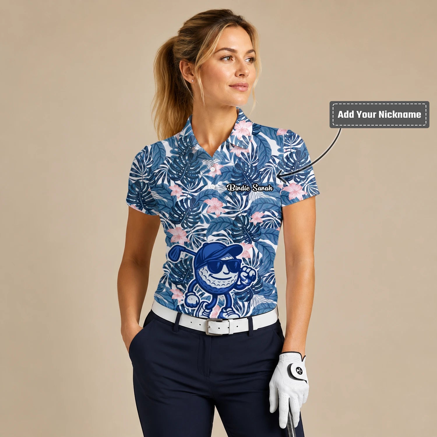 Personalised Navy Tropical Leaf Golf Ball Cartoon Golf Polo Shirt For Women I7191