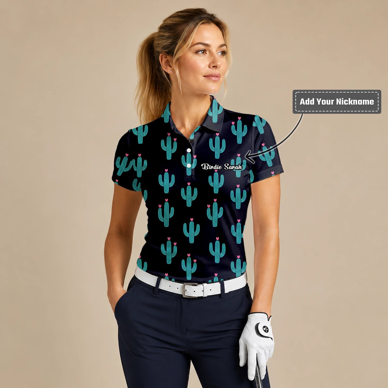 Personalised Black Turquoise Cactus Heart Golf Polo Shirt For Women L0709
