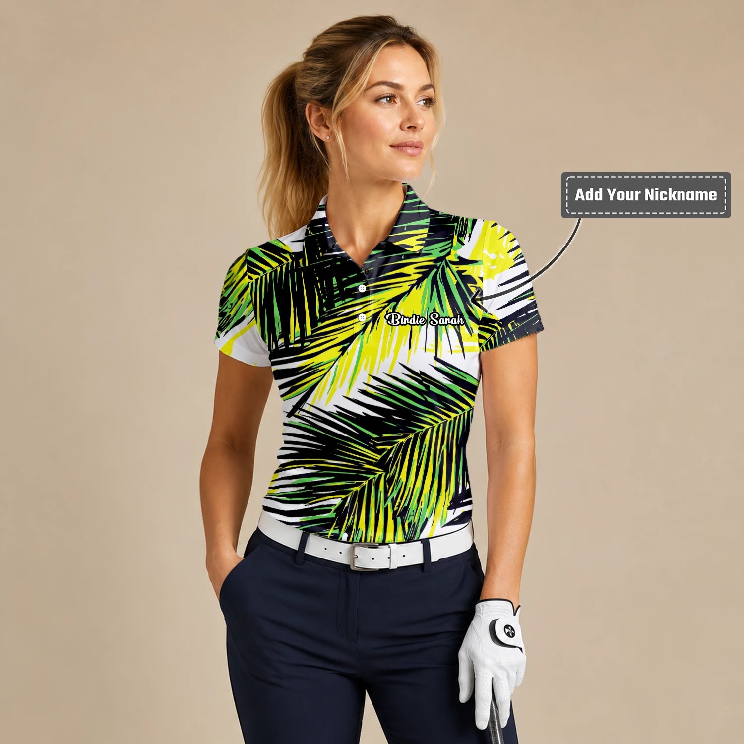 Personalised Black Lime Tropical Palm Leaf Golf Polo Shirt For Women R3070