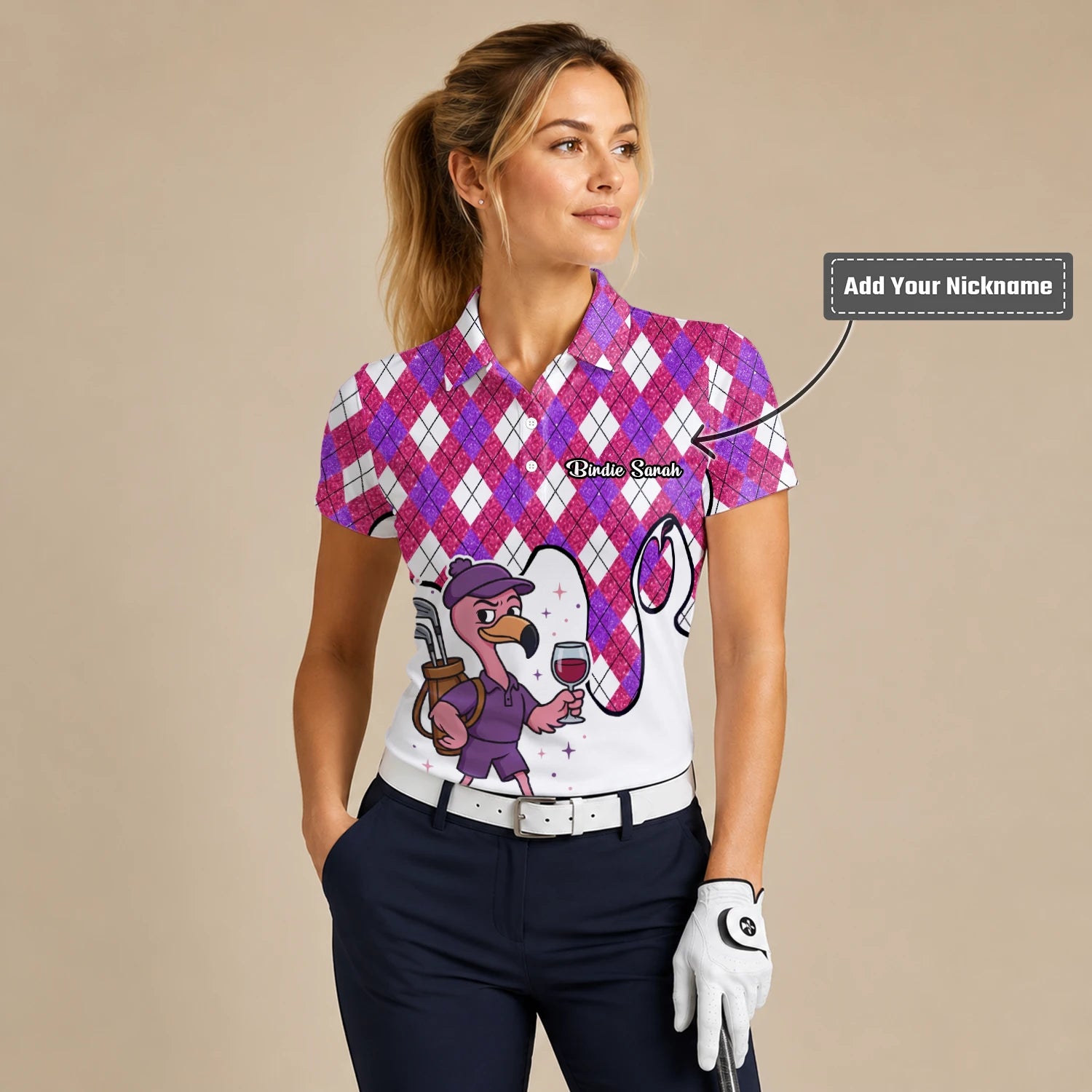 Personalised Pink Purple Argyle Ostrich Golfer Cartoon Golf Polo Shirt For Women D7000