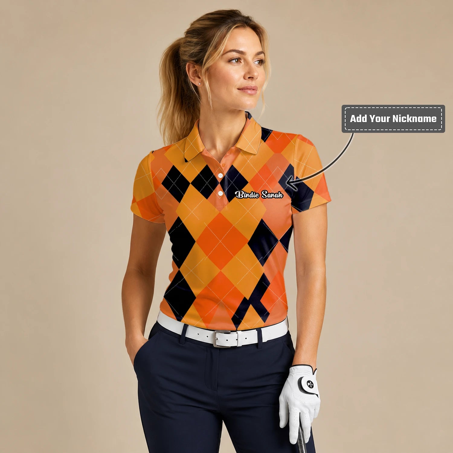 Personalised Orange Black Argyle Diamond Golf Polo Shirt For Women C4203