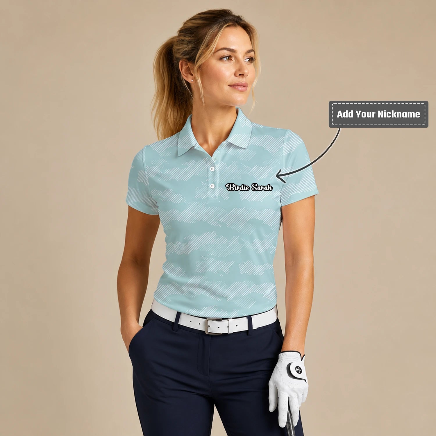 Personalised Mint White Chevron Stripe Golf Polo Shirt For Women K7105