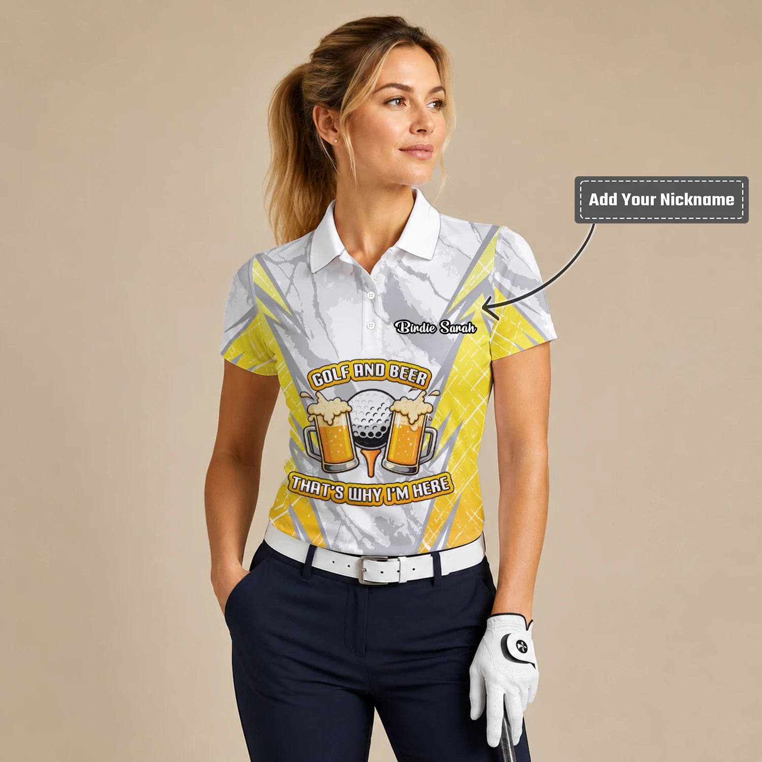 Personalised Grey Yellow Golf And Beer Slogan Golf Polo Shirt For Women P2319