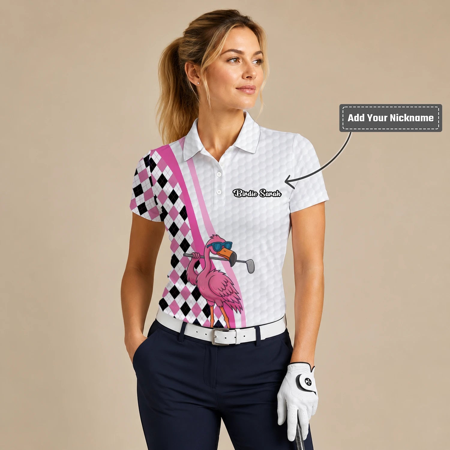 Personalised White Pink Flamingo Golfer Argyle Golf Polo Shirt For Women G3697