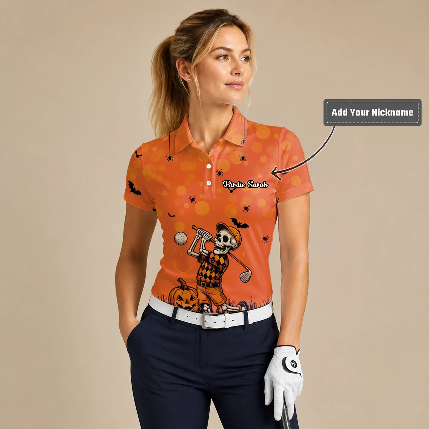 Personalised Orange Halloween Skeleton Golfer Golf Polo Shirt For Women D3851