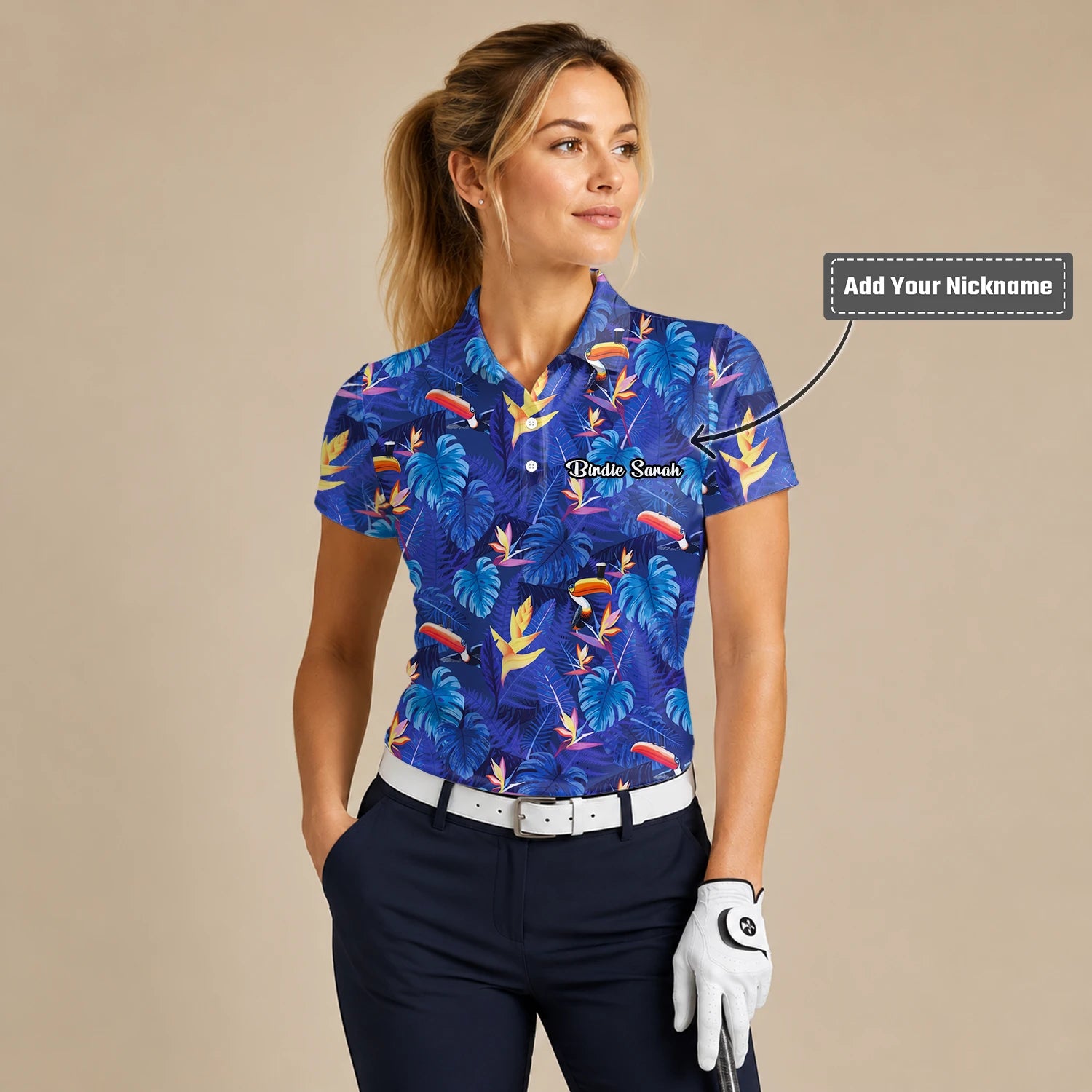 Personalised Navy Blue Tropical Toucan Leaf Golf Polo Shirt For Women S1836