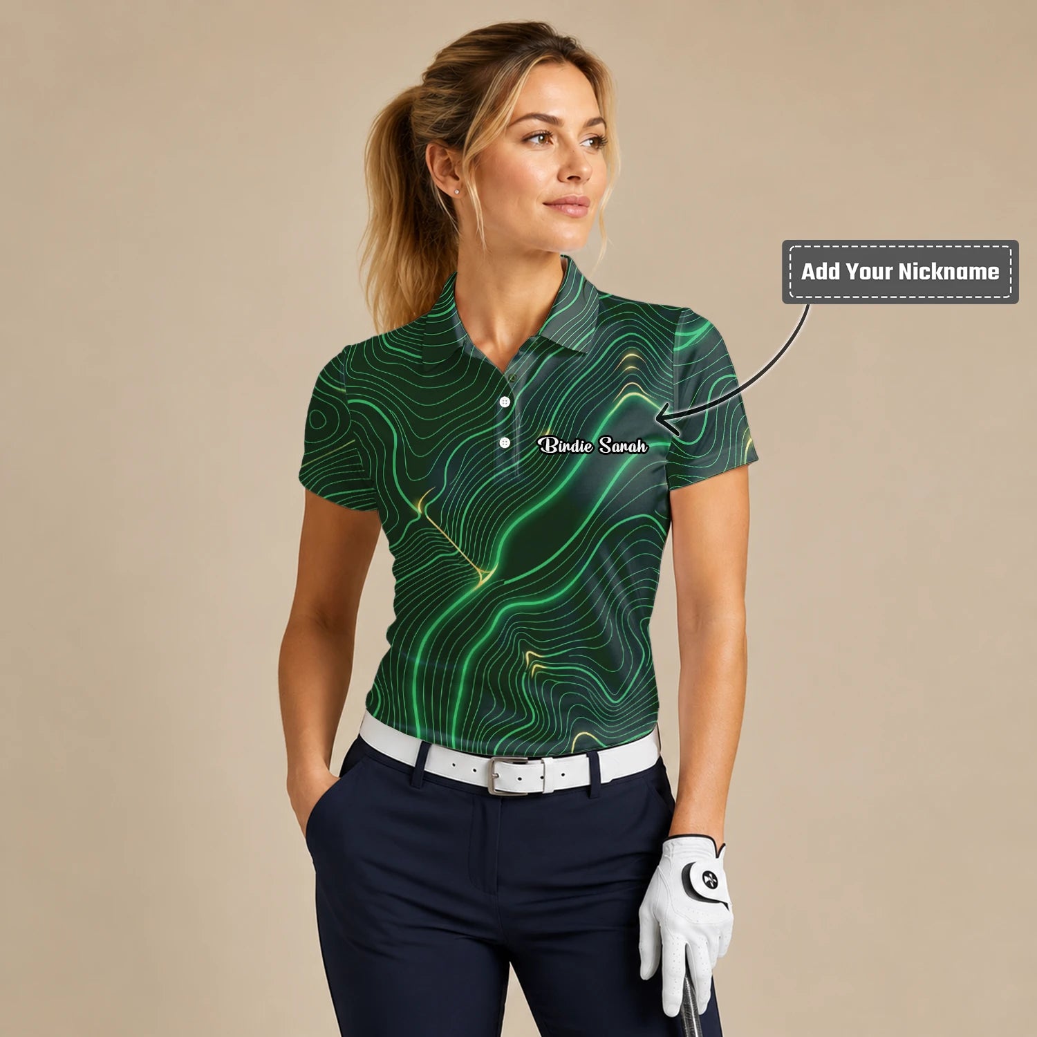 Personalised Green Black Topographic Line Golf Polo Shirt For Women E4992