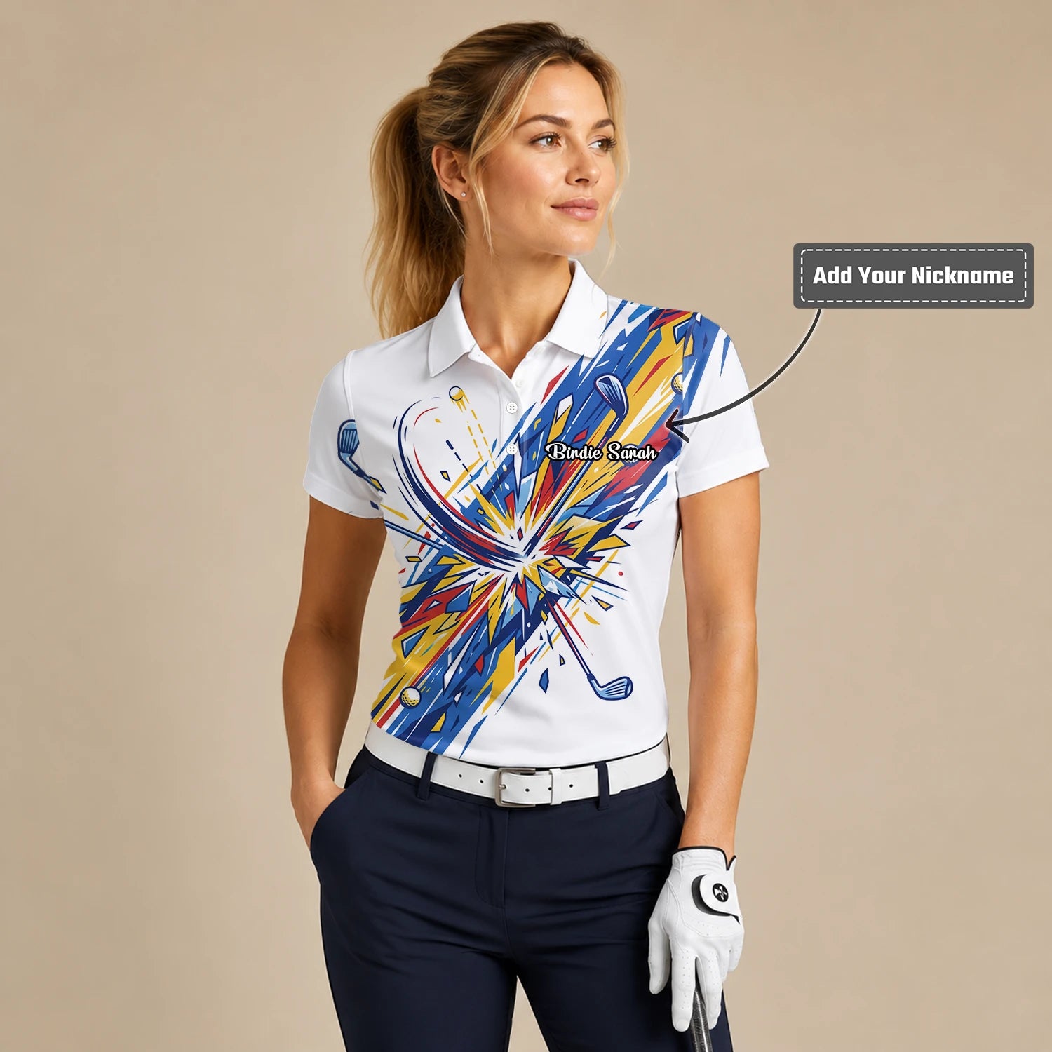Personalised White Blue Abstract Golf Swing Burst Golf Polo Shirt For Women B2869