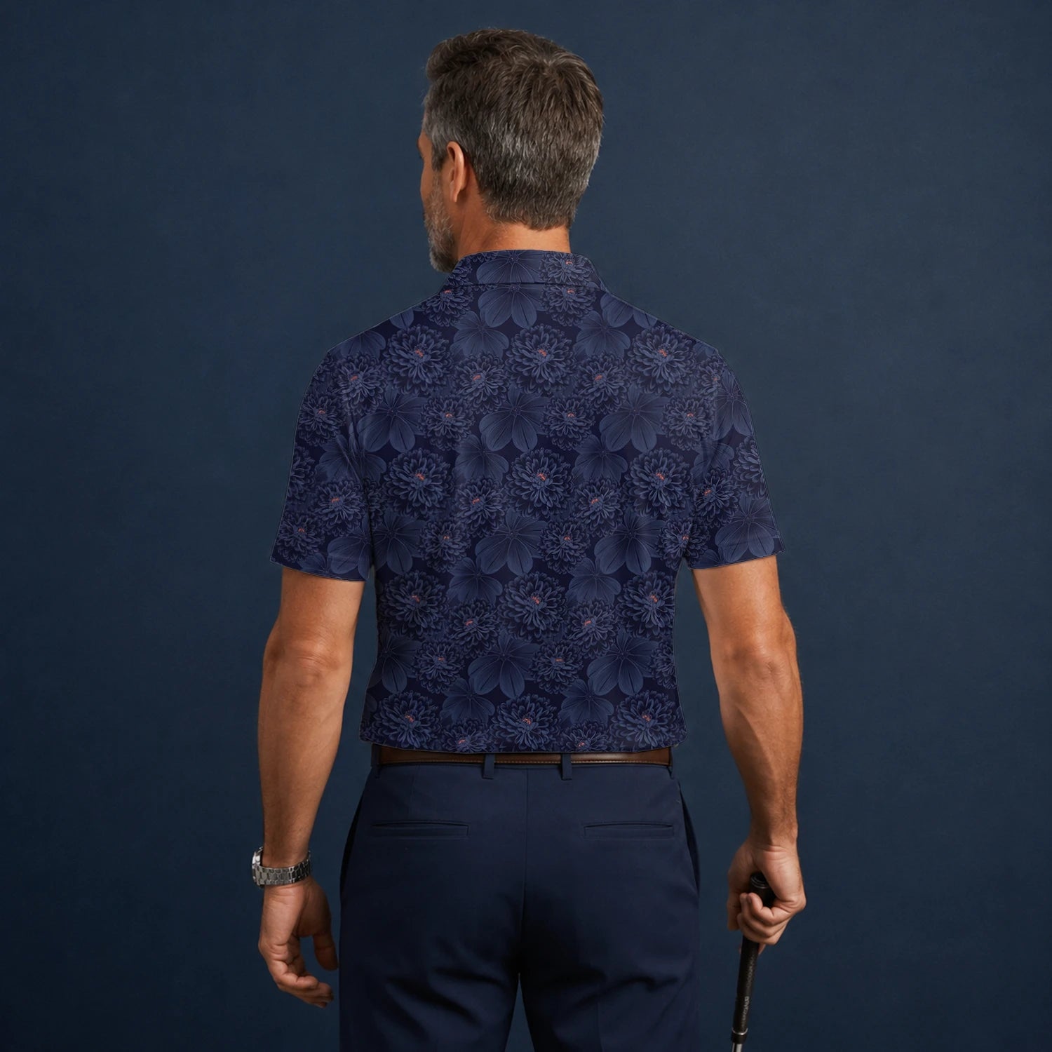 Personalised Dark Navy Chrysanthemum Floral Golf Polo Shirt For Men A0086