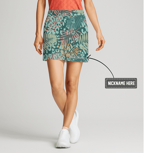 Personalized Teal Tropical Palm Leaf & Leopard Print Women's Athletic Golf Skort B6339 main image - S