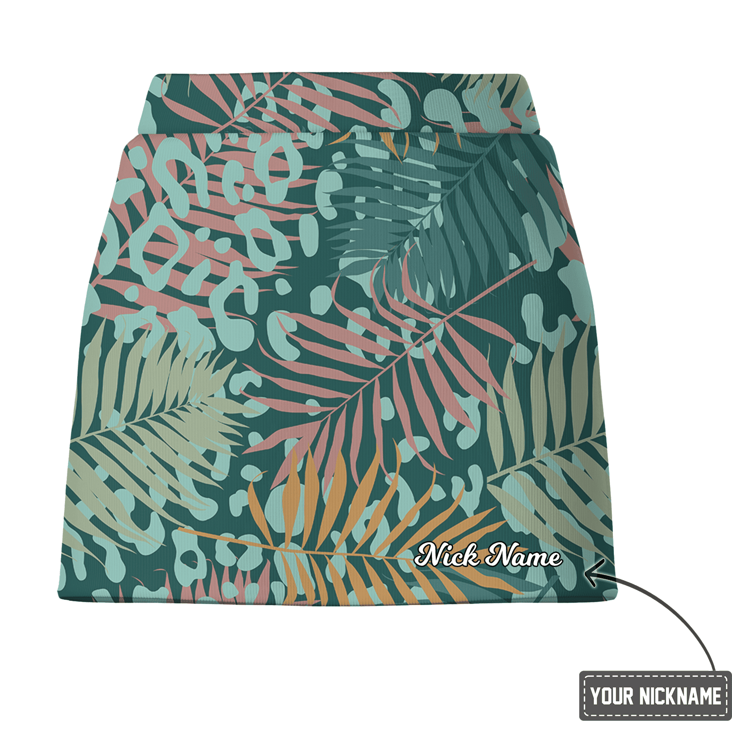 Personalized Teal Tropical Palm Leaf & Leopard Print Women's Athletic Golf Skort B6339 additional image 2
