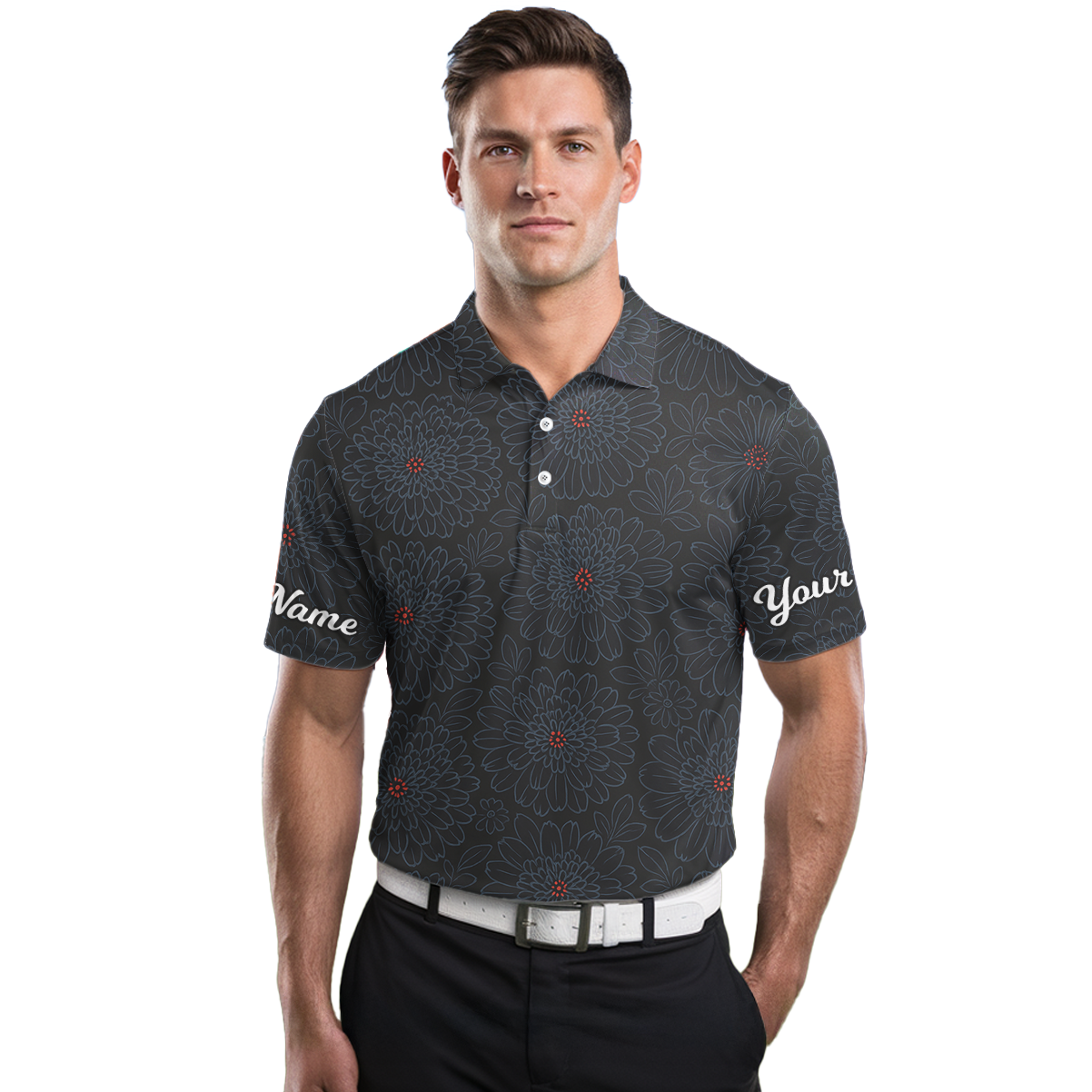 Personalized Golf Polo Shirt Men Dark Grey Floral Blue Red Custom Name F1349 additional image 3