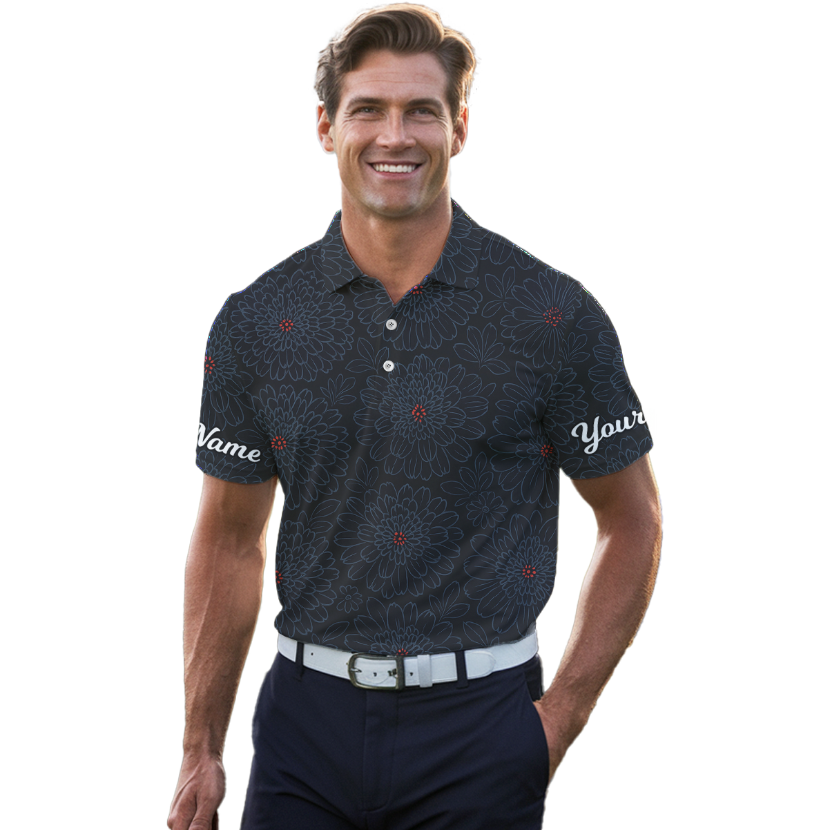 Personalized Golf Polo Shirt Men Dark Grey Floral Blue Red Custom Name F1349 additional image 4