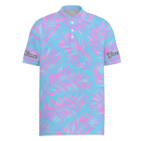 Personalized Men's Golf Polo Shirt Tropical Palm Blue Pink P4758 main image - Men Polo S