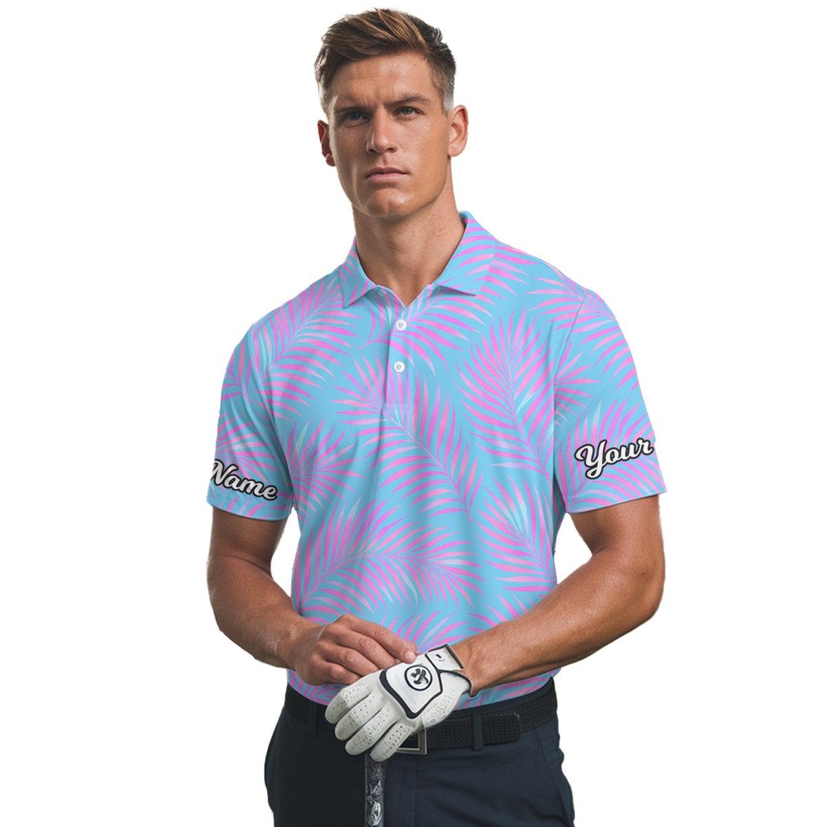 Personalized Men's Golf Polo Shirt Tropical Palm Blue Pink P4758 additional image 2