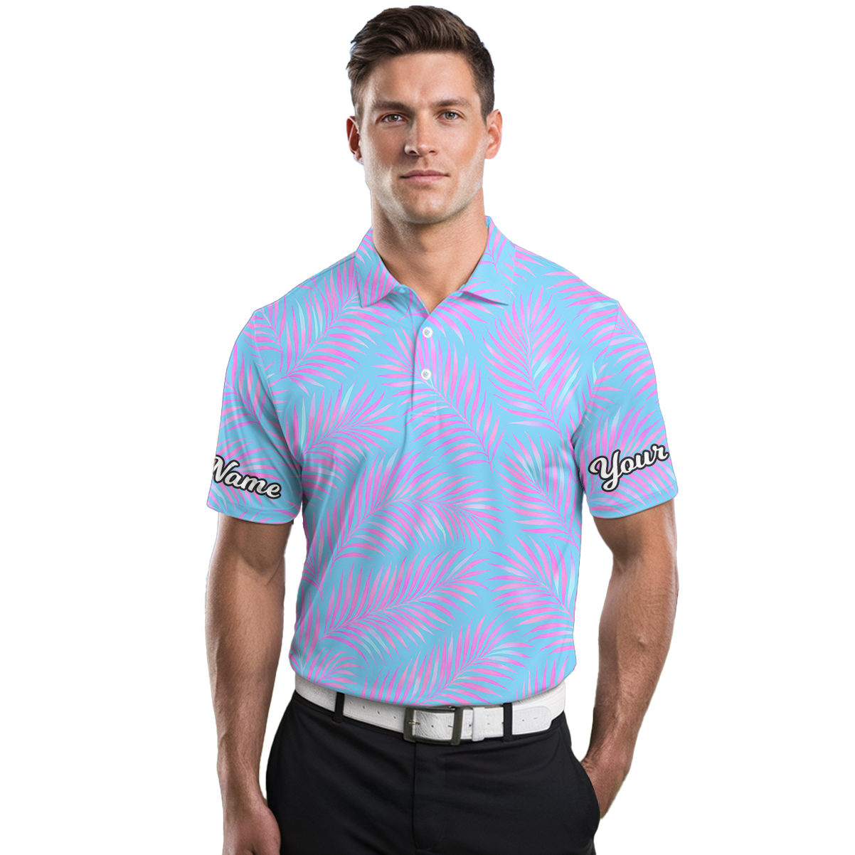 Personalized Men's Golf Polo Shirt Tropical Palm Blue Pink P4758 additional image 3