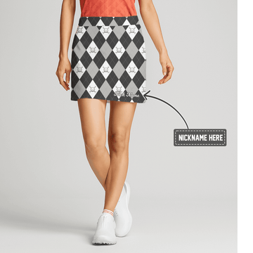 Personalized Black White Grey Argyle Women's Golf Skort with Golf Club Icons J4077 main image - S