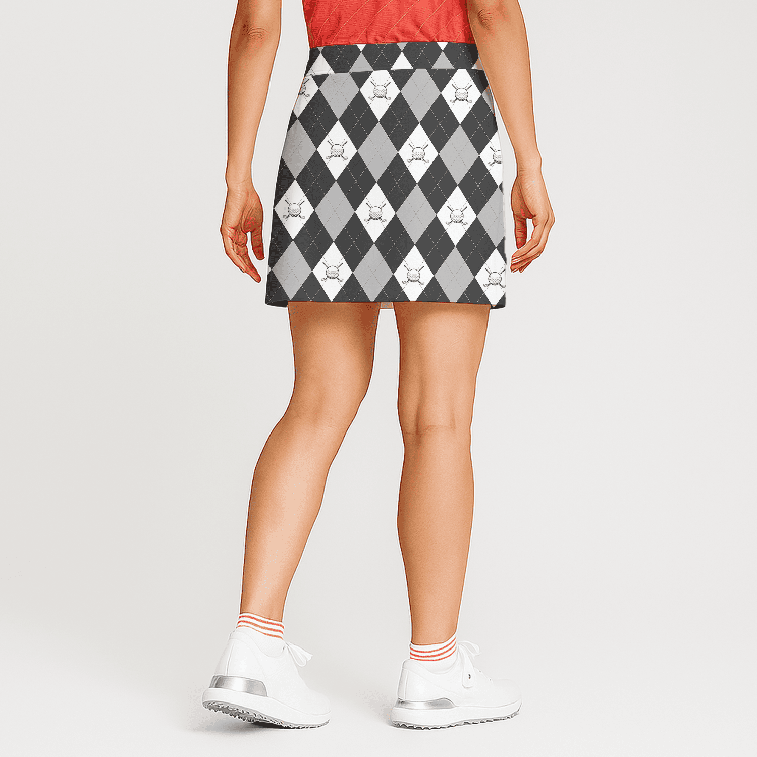 Personalized Black White Grey Argyle Women's Golf Skort with Golf Club Icons J4077 additional image 1